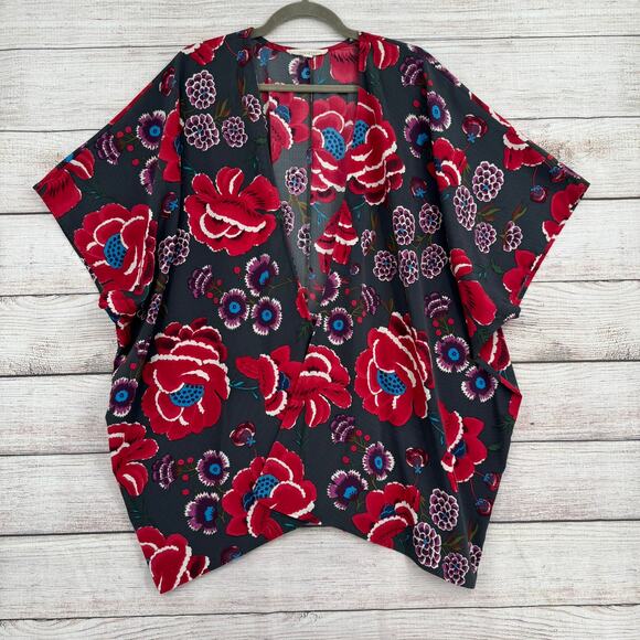 By Together Floral Open Front Kimono Top Womens Medium Gray Red Purple - Picture 1 of 10